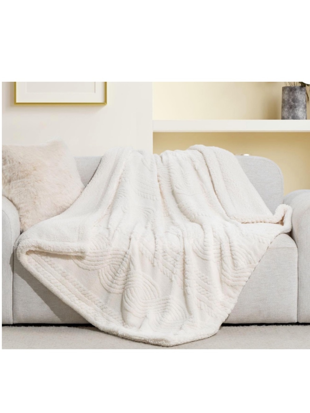 EverGrace Throw Blanket Cable Jacquard Sherpa Fleece Ivory White 50x60 Cozy Soft